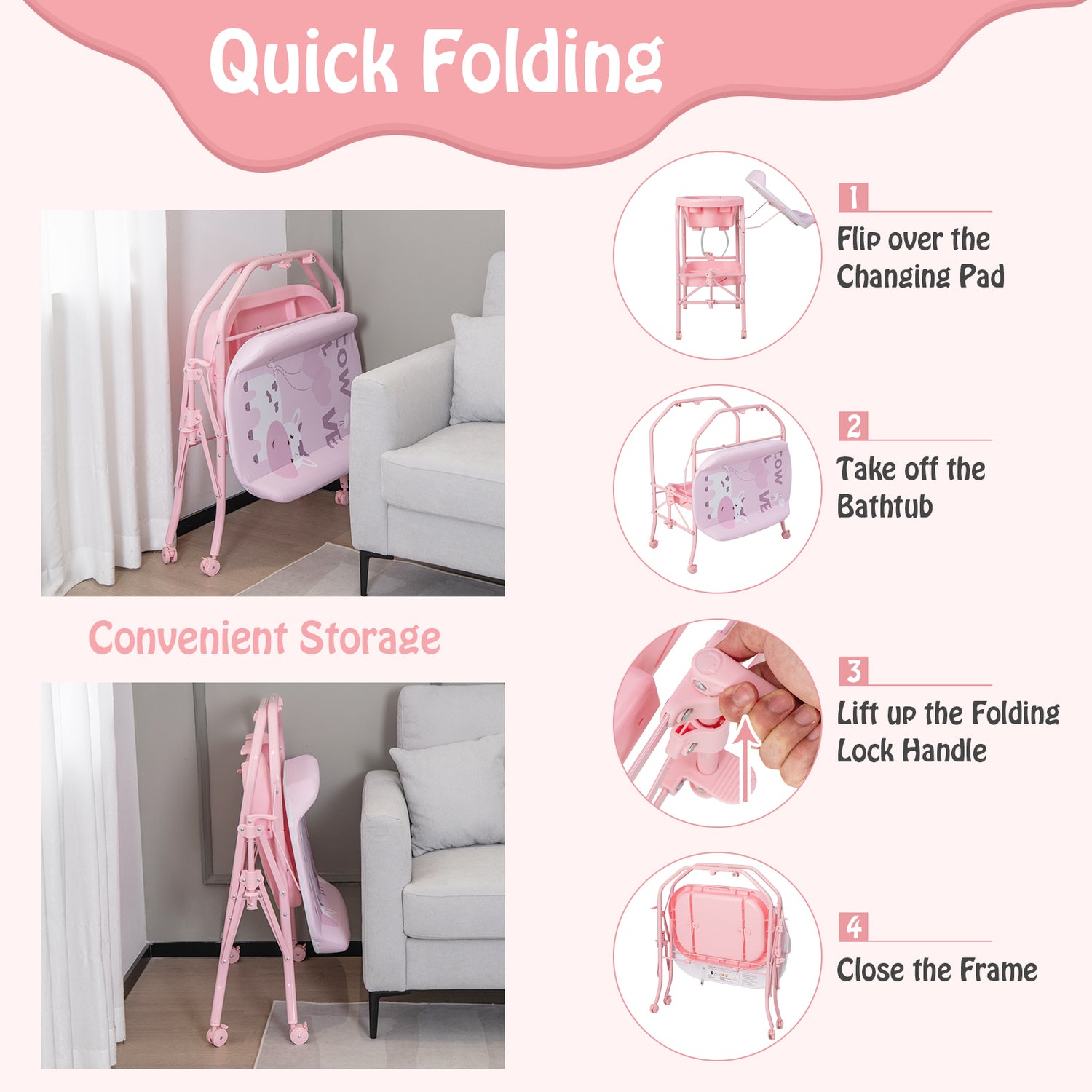 Portable Baby Changing Table with Storage Basket and Shelves