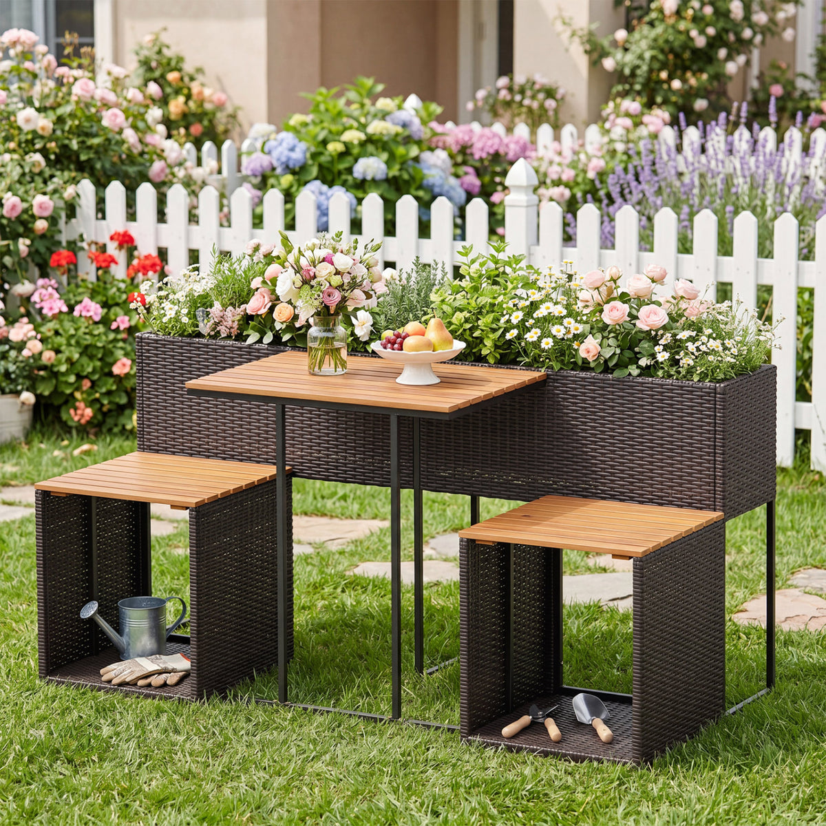 Patio Furniture Set with Raised Garden Bed for Porch and Yard