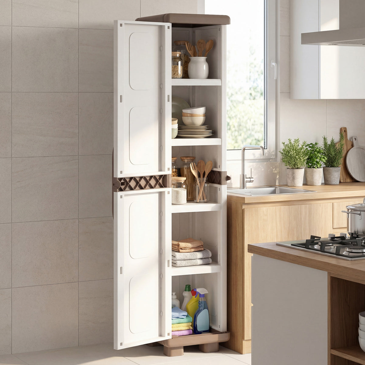 Plastic Kitchen Pantry with 4 Adjustable Shelves and Single Door for Living Room and Kitchen