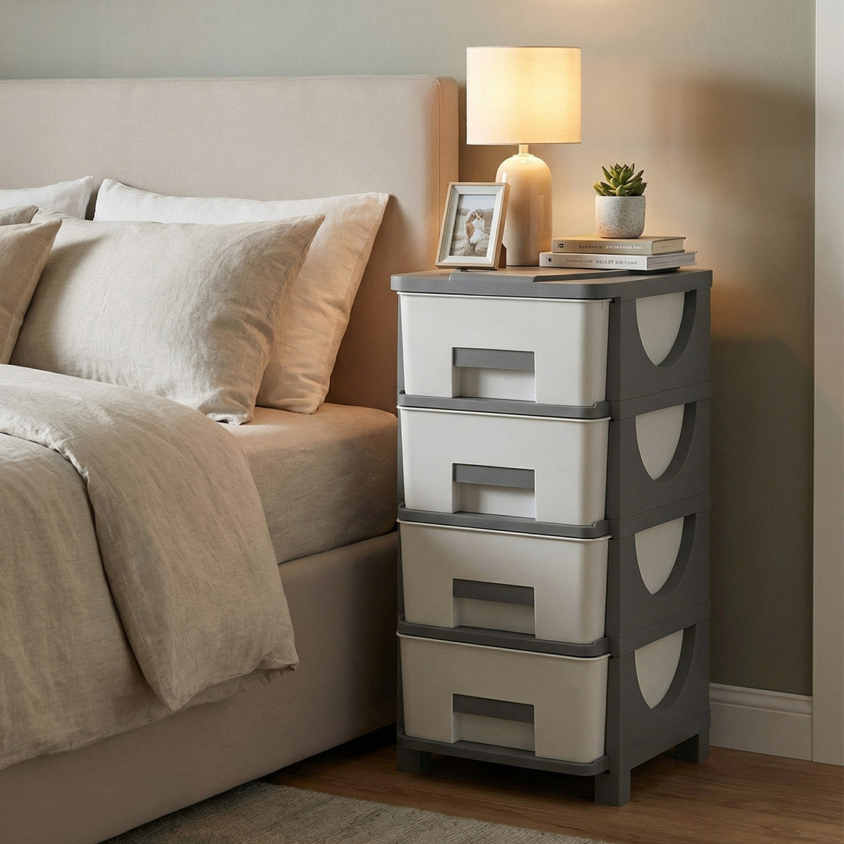 Plastic Storage Organizer with Compact Drawer Cabinet Side Table for Bedroom-Gray