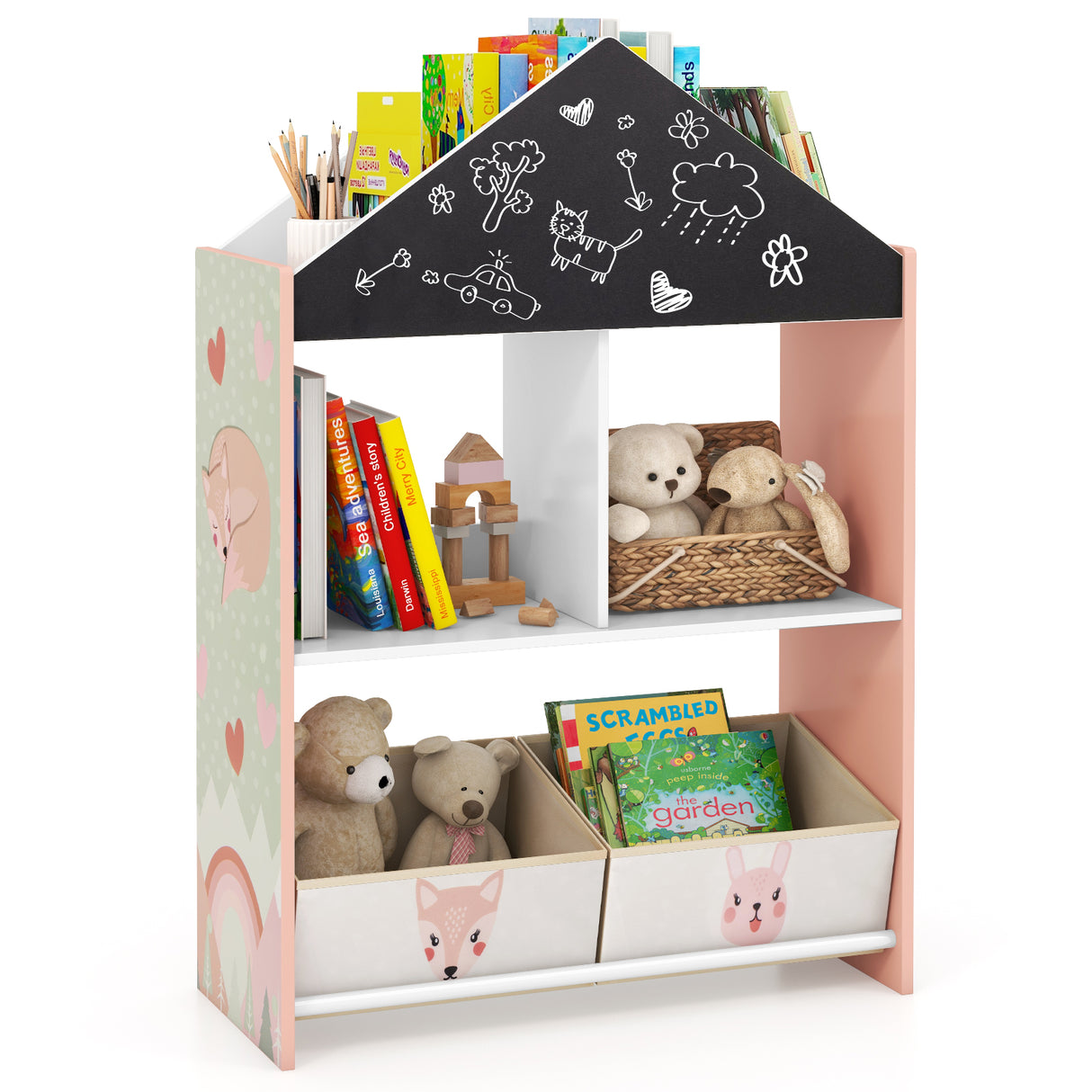 Playhouse Kids Bookshelf with Chalkboard and Whiteboard for 3-6 Years