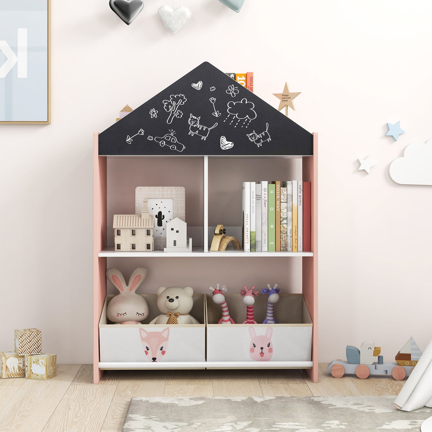 Playhouse Kids Bookshelf with Chalkboard and Whiteboard for 3-6 Years