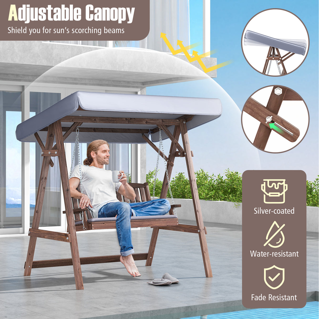 2-Person Porch Swing with Fir Wood Stand and Tilt Canopy-Brown