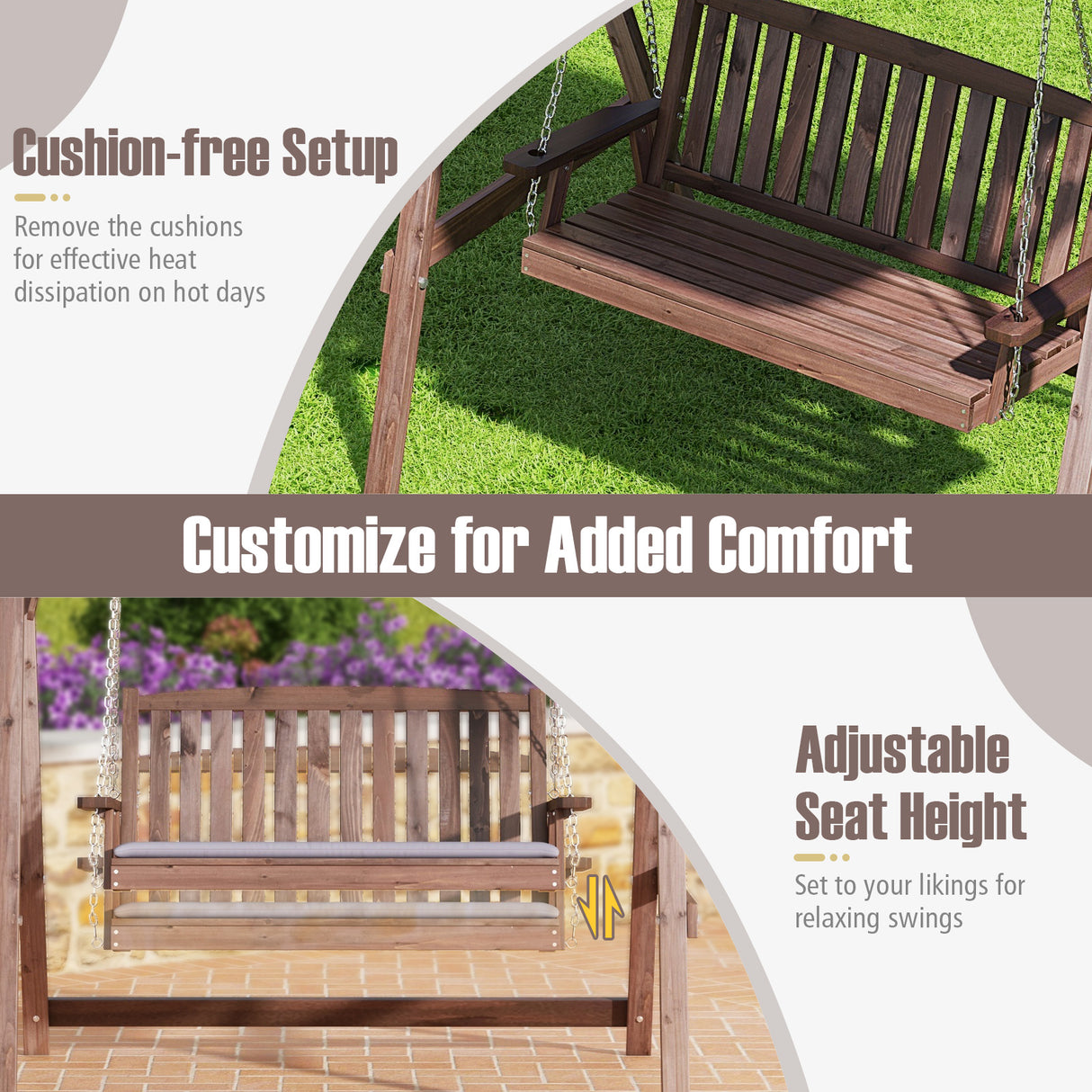 2-Person Porch Swing with Fir Wood Stand and Tilt Canopy-Brown