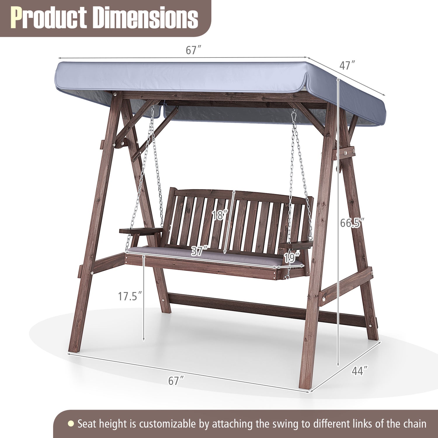 2-Person Porch Swing with Fir Wood Stand and Tilt Canopy-Brown