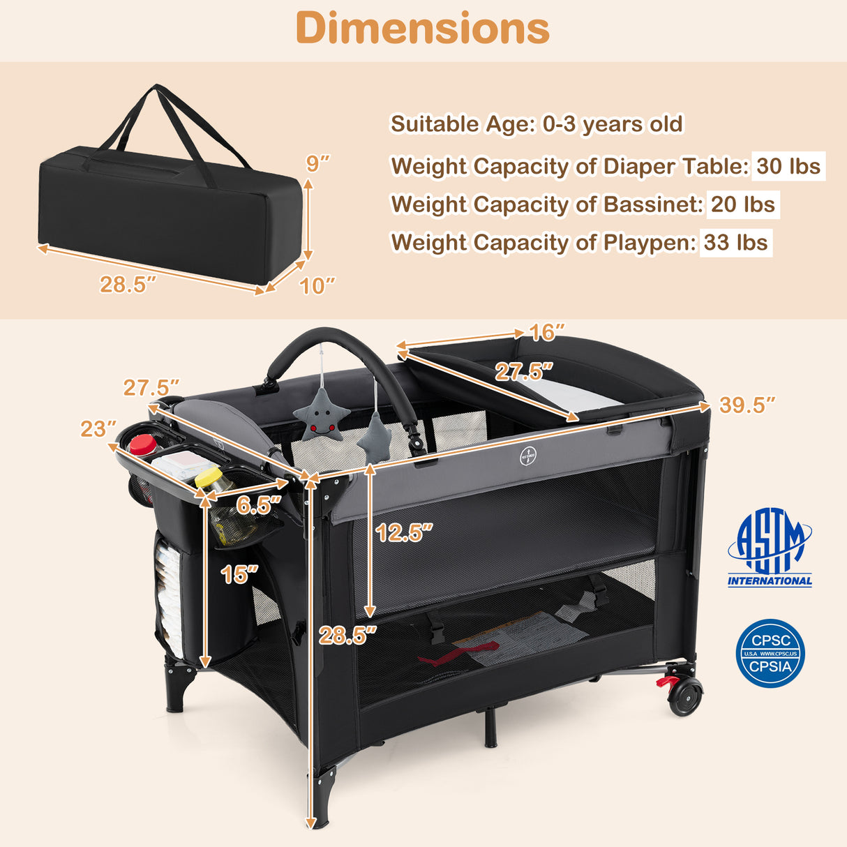 Foldable Baby Bassinet with 4 Adjustable Heights Changing Table and Mattress