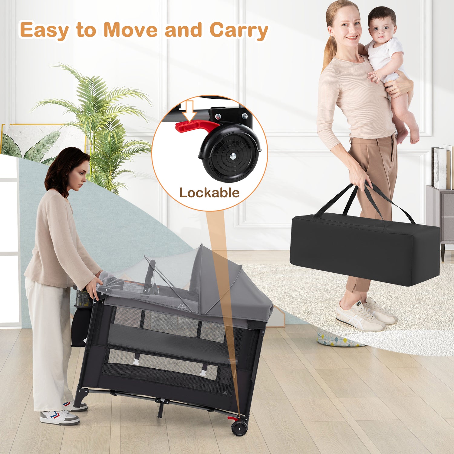Foldable Baby Bassinet with 4 Adjustable Heights Changing Table and Mattress