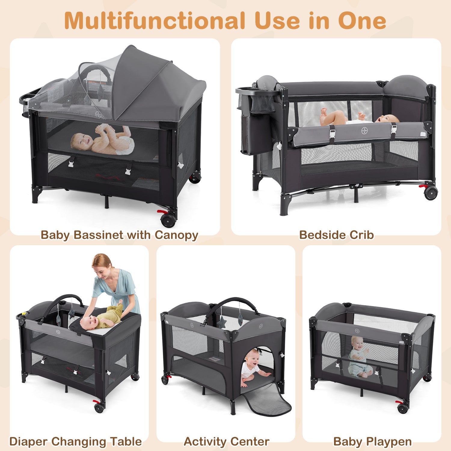 Foldable Baby Bassinet with 4 Adjustable Heights Changing Table and Mattress
