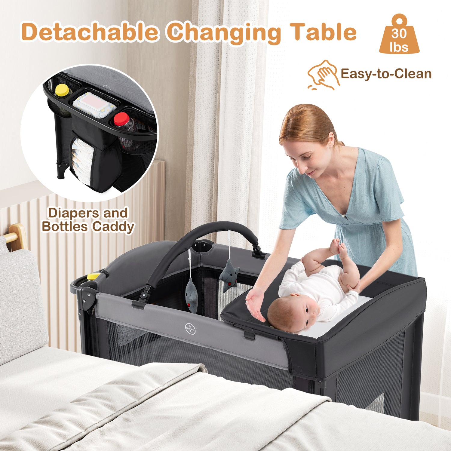 Foldable Baby Bassinet with 4 Adjustable Heights Changing Table and Mattress