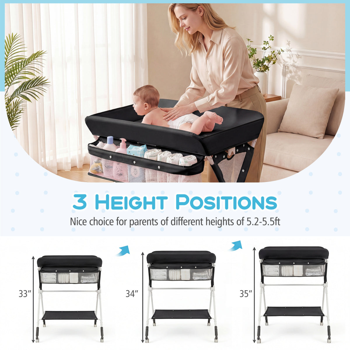 Portable Baby Changing Table with 3-Level Adjustable Height