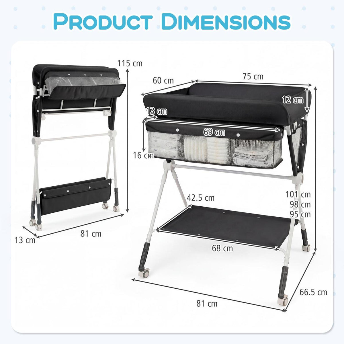 Portable Baby Changing Table with 3-Level Adjustable Height