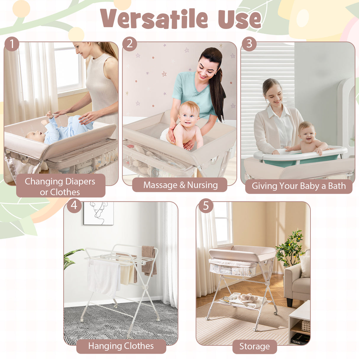 Portable Baby Changing Table with 3-Level Adjustable Height
