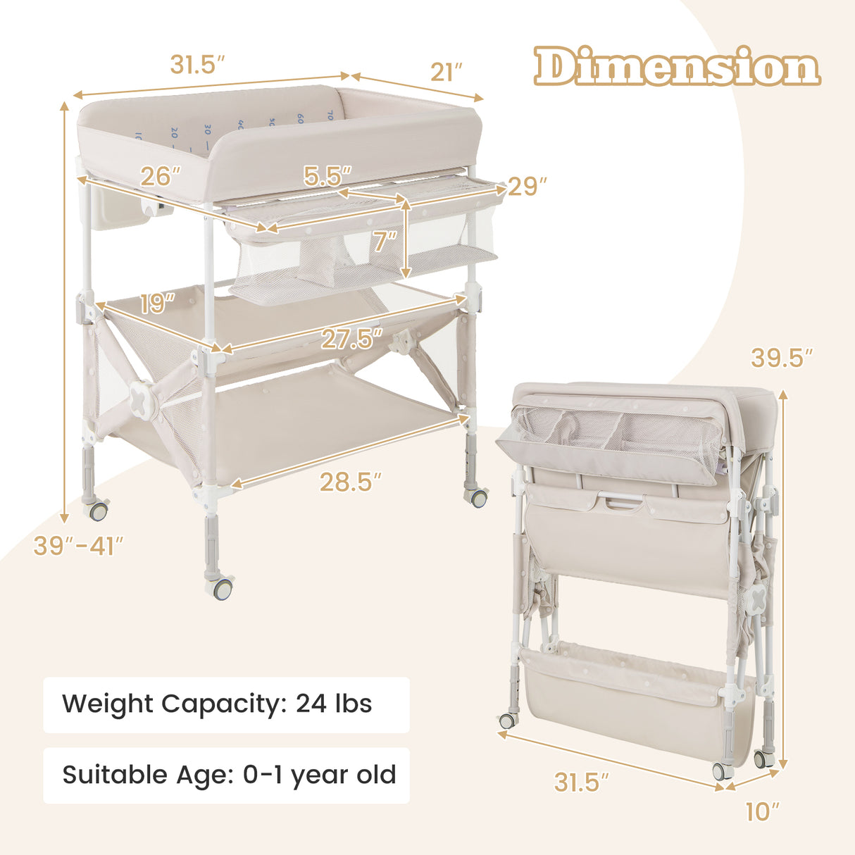 Portable Baby Changing Table with Wheels and Large Storage Rack