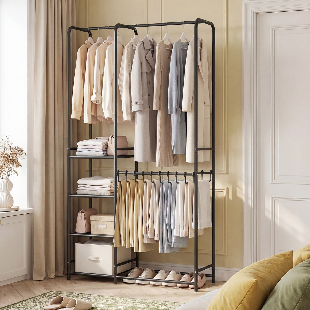 Portable Closet with Pants Hangers and 2 Hanging Rods and 4 Storage Shelves
