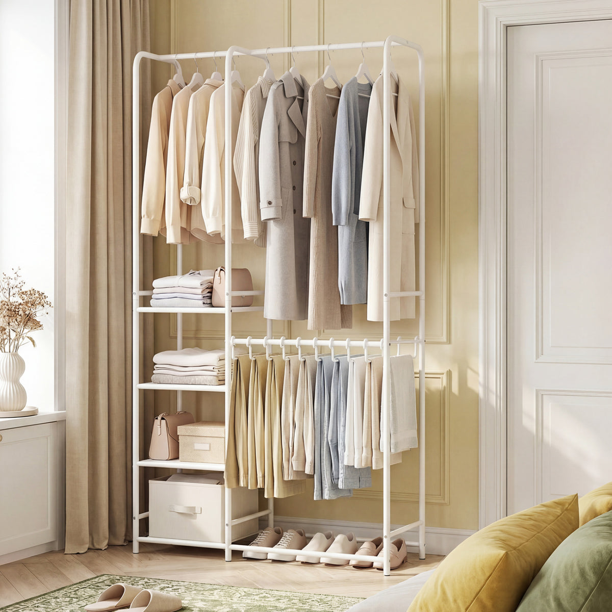 Portable Closet with Pants Hangers and 2 Hanging Rods and 4 Storage Shelves