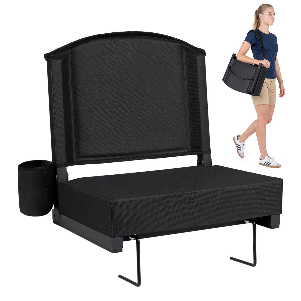 Portable Folding Bleacher Chair with Thick Padded Cushion Removable Shoulder Strap-Black