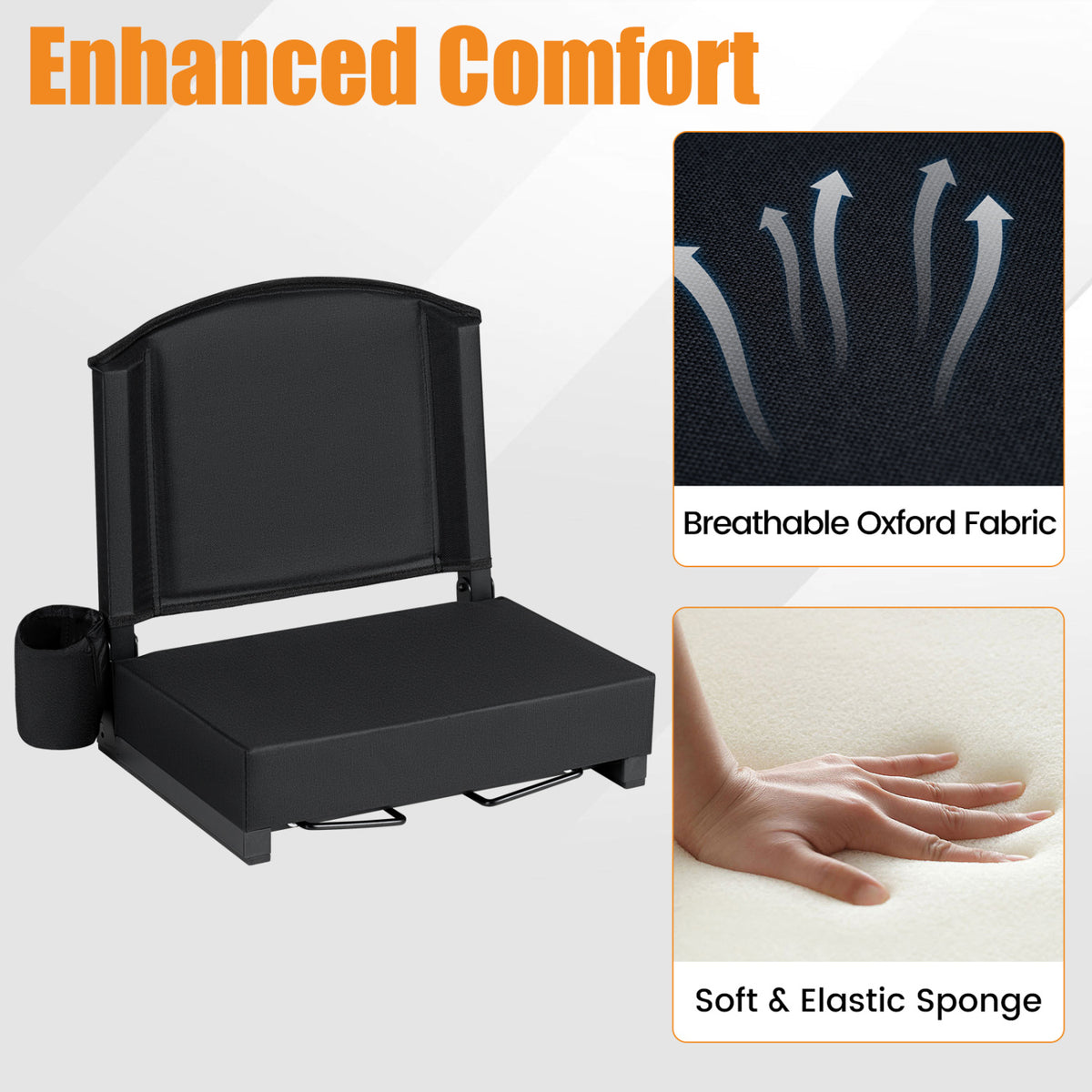 Portable Folding Bleacher Chair with Thick Padded Cushion Removable Shoulder Strap-Black