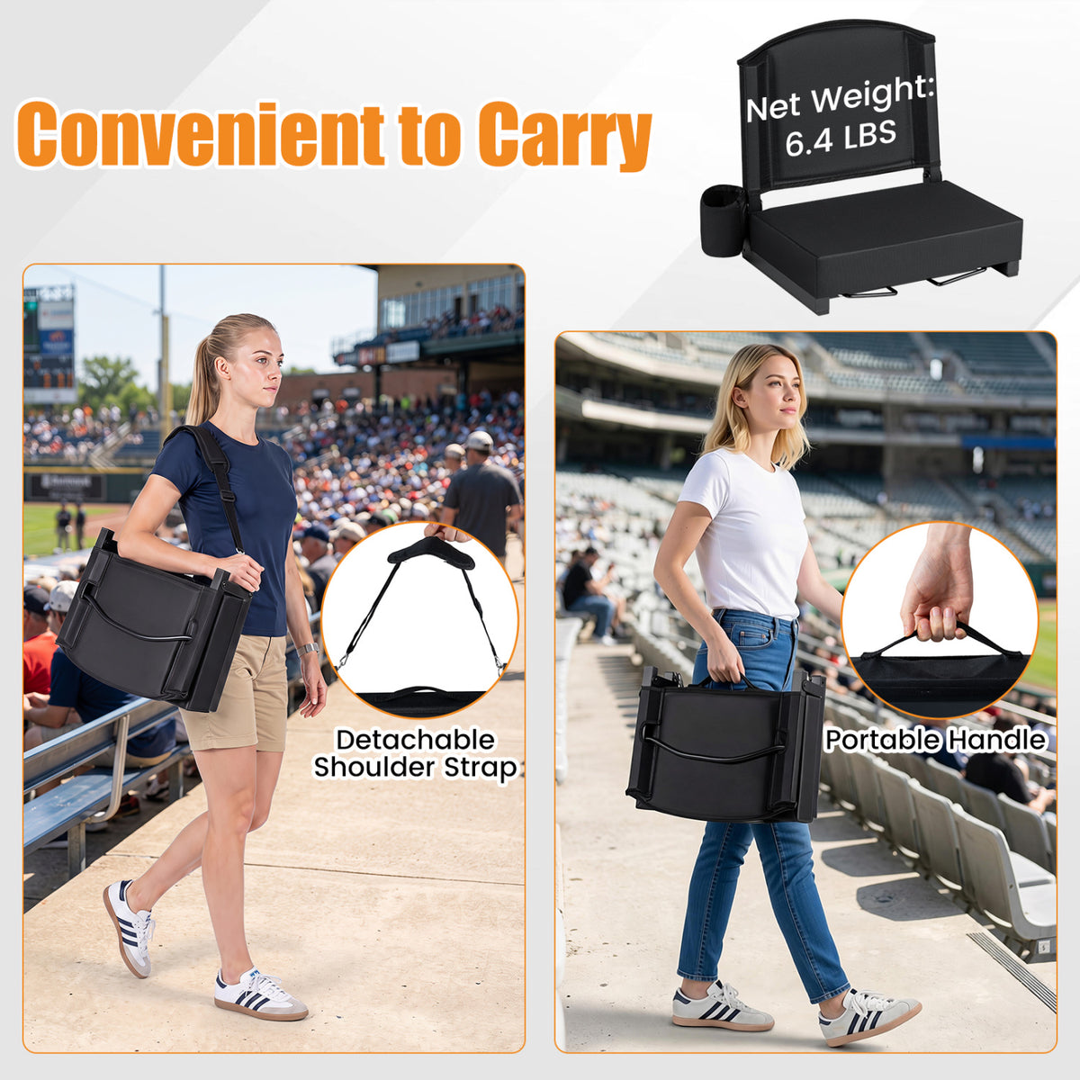 Portable Folding Bleacher Chair with Thick Padded Cushion Removable Shoulder Strap-Black