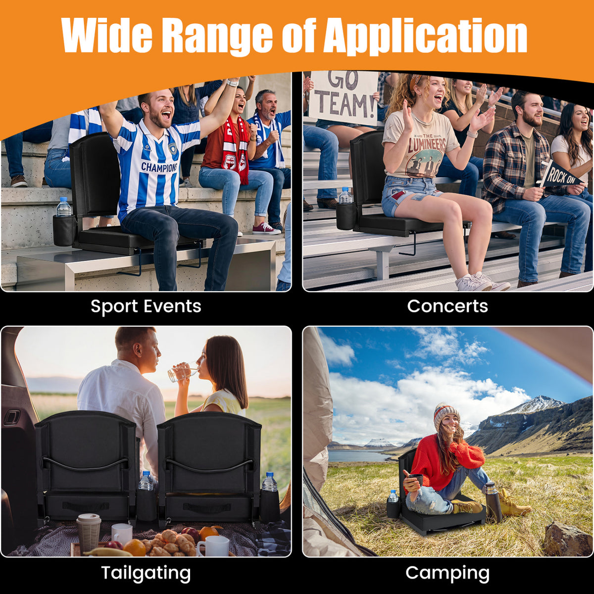 Portable Folding Bleacher Chair with Thick Padded Cushion Removable Shoulder Strap-Black