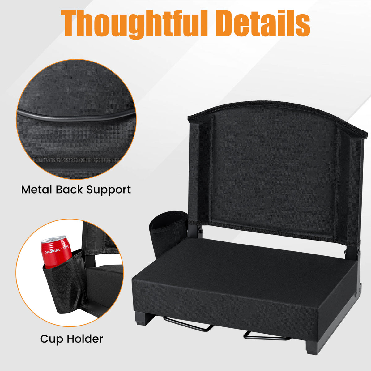 Portable Folding Bleacher Chair with Thick Padded Cushion Removable Shoulder Strap-Black