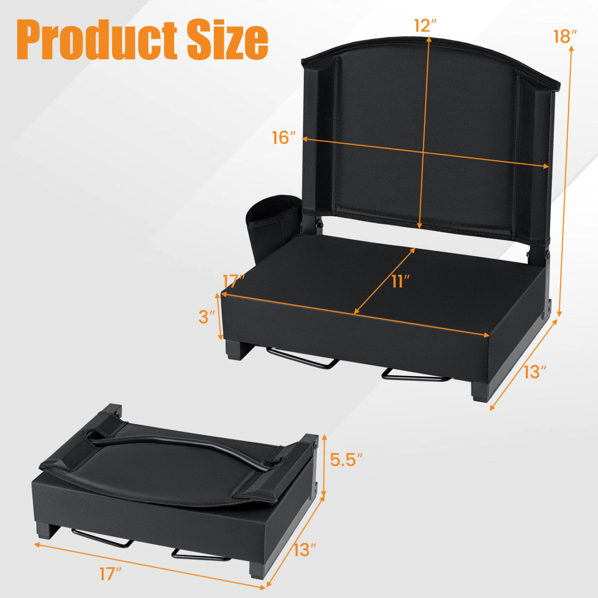 Portable Folding Bleacher Chair with Thick Padded Cushion Removable Shoulder Strap-Black
