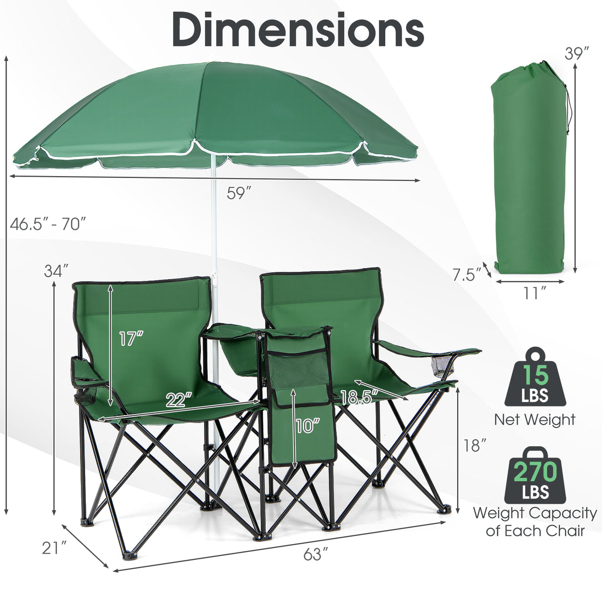 Portable Folding Picnic Double Chair with Umbrella