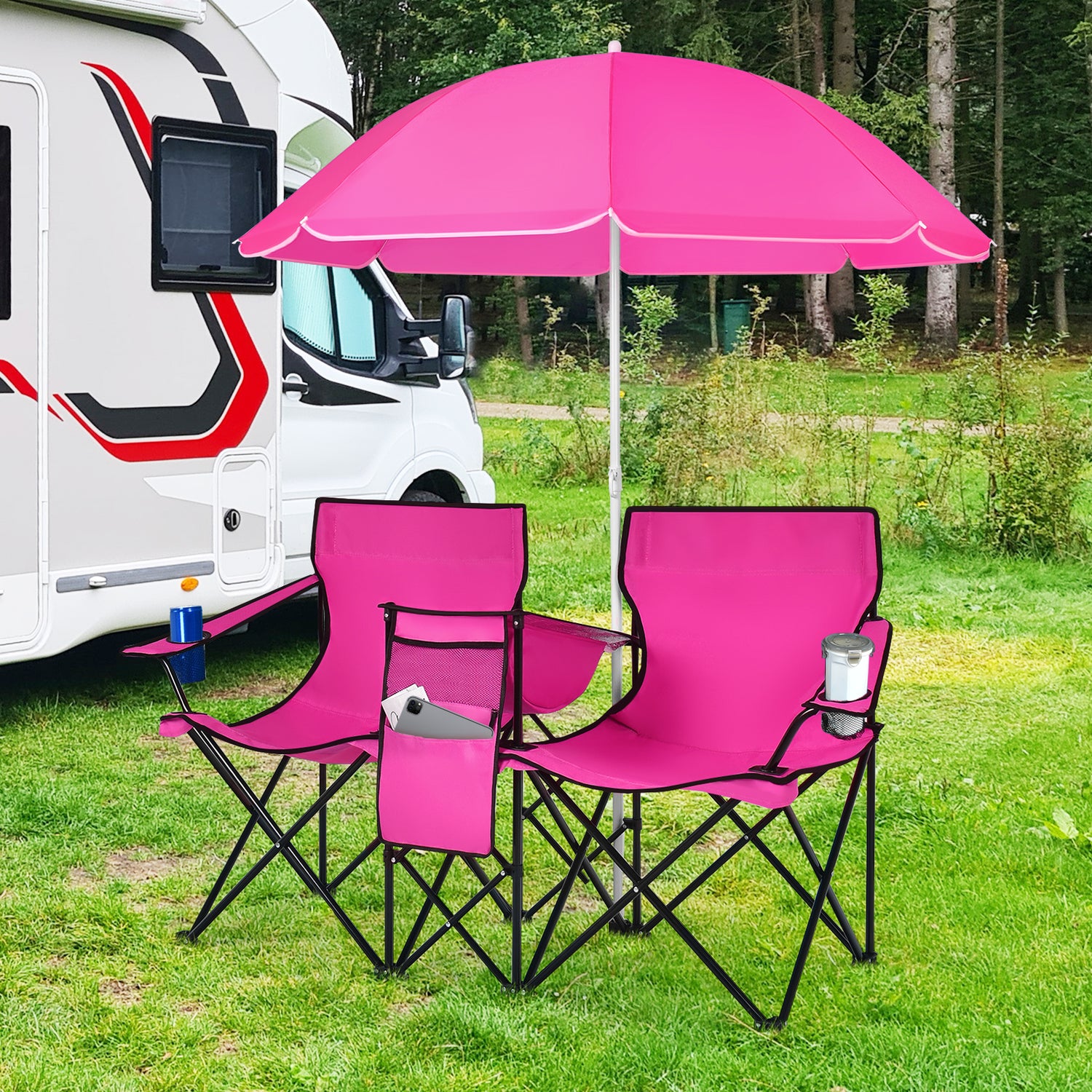 Portable Folding Picnic Double Chair with Umbrella