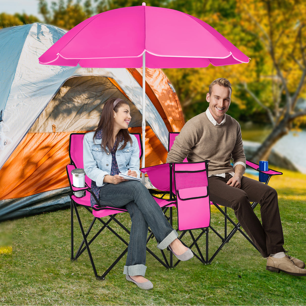 Portable Folding Picnic Double Chair with Umbrella