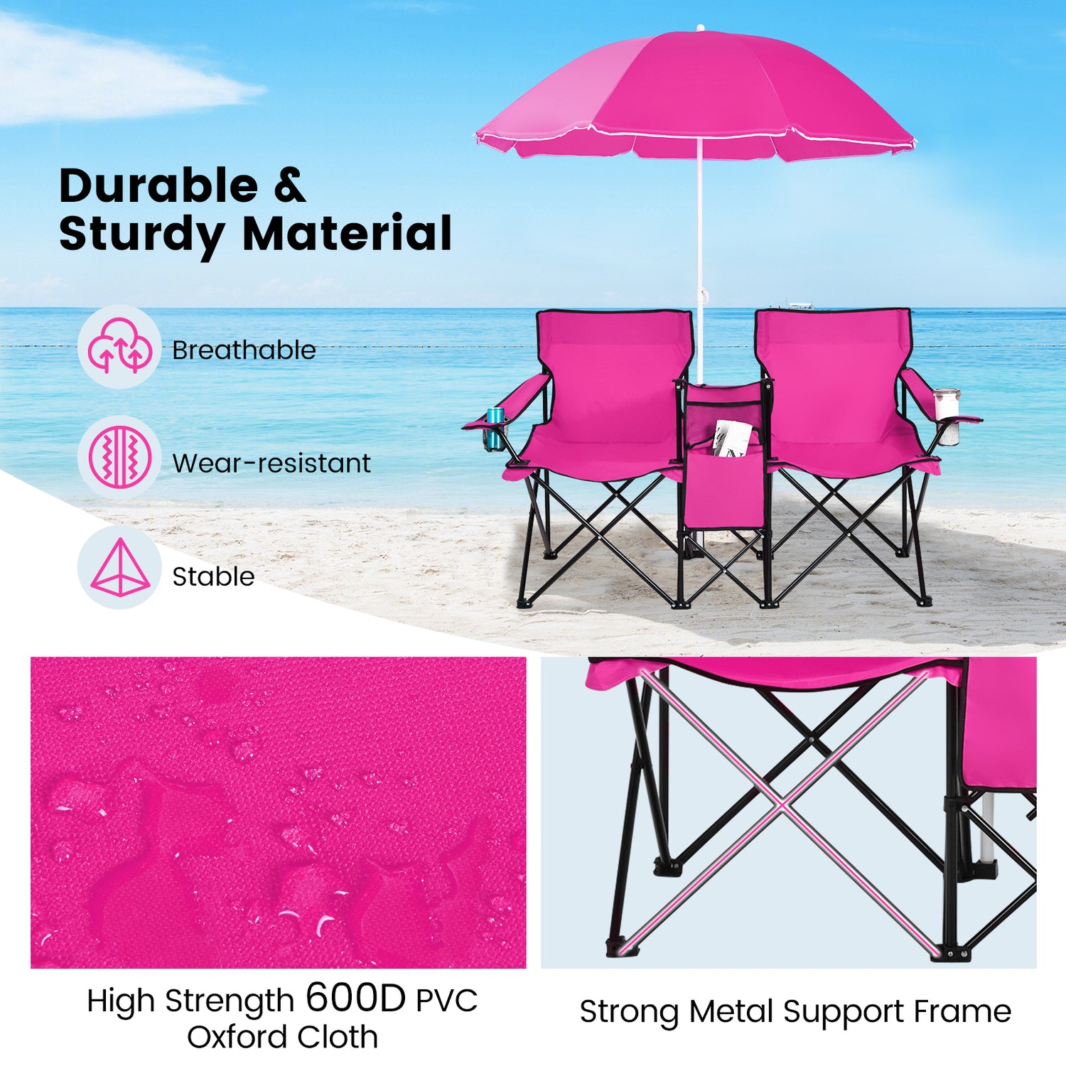 Portable Folding Picnic Double Chair with Umbrella