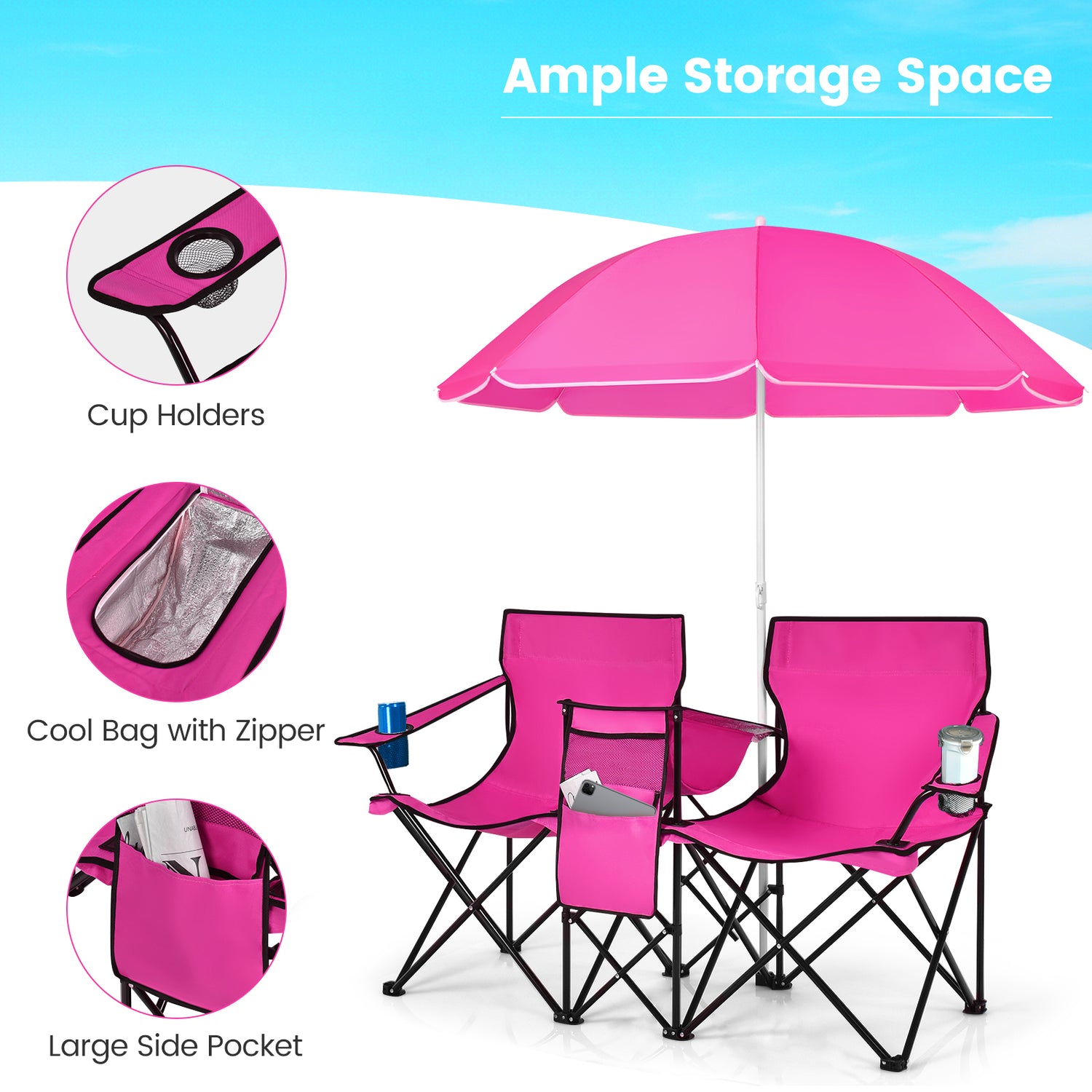 Portable Folding Picnic Double Chair with Umbrella