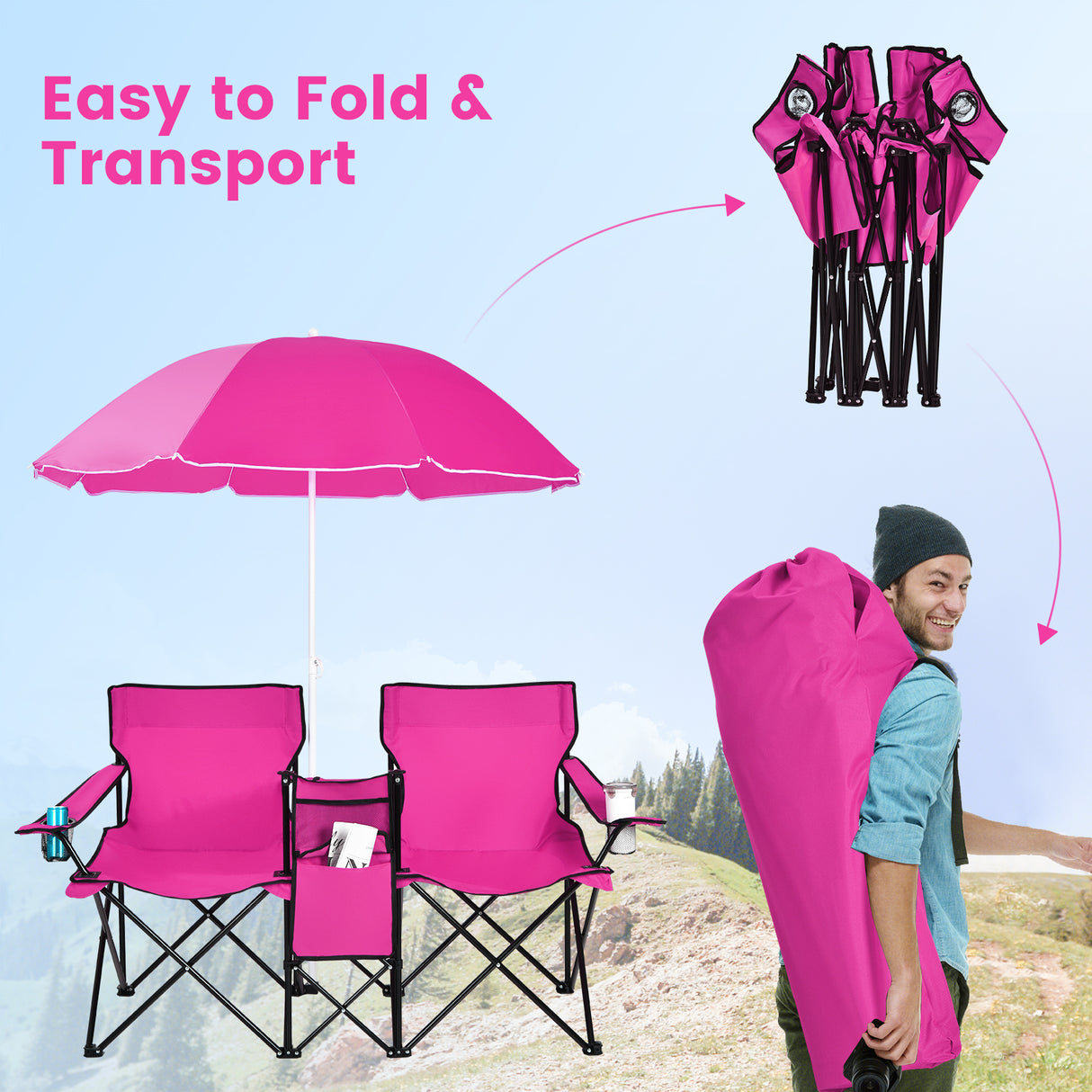 Portable Folding Picnic Double Chair with Umbrella
