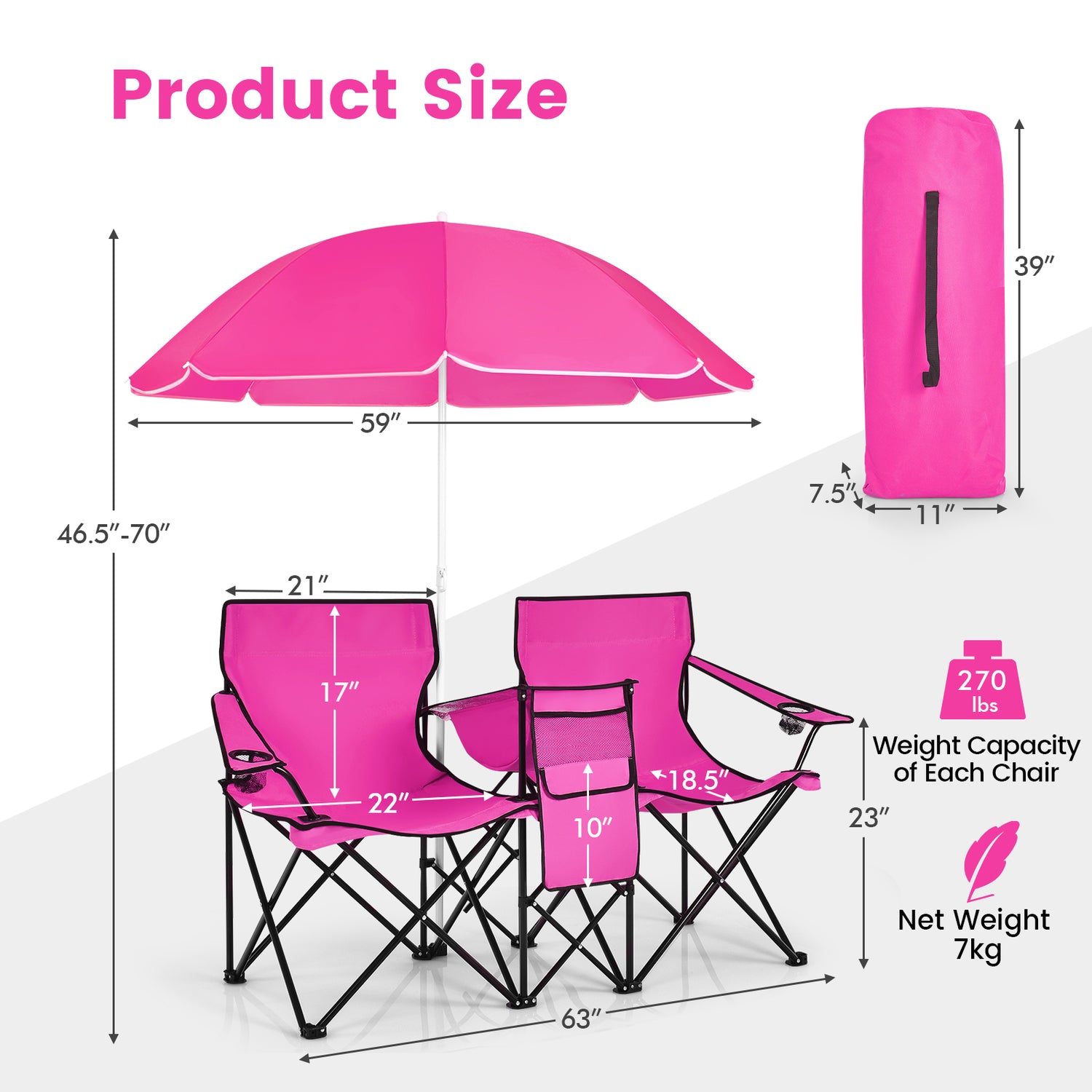 Portable Folding Picnic Double Chair with Umbrella