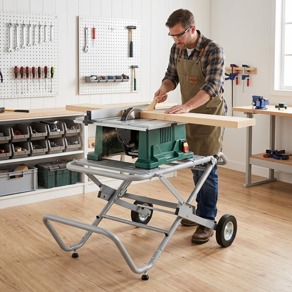 Portable Table Saw Stand Rolling Foldable Heavy Duty Metal Base with 8-Inch Rubber Wheels-Silver