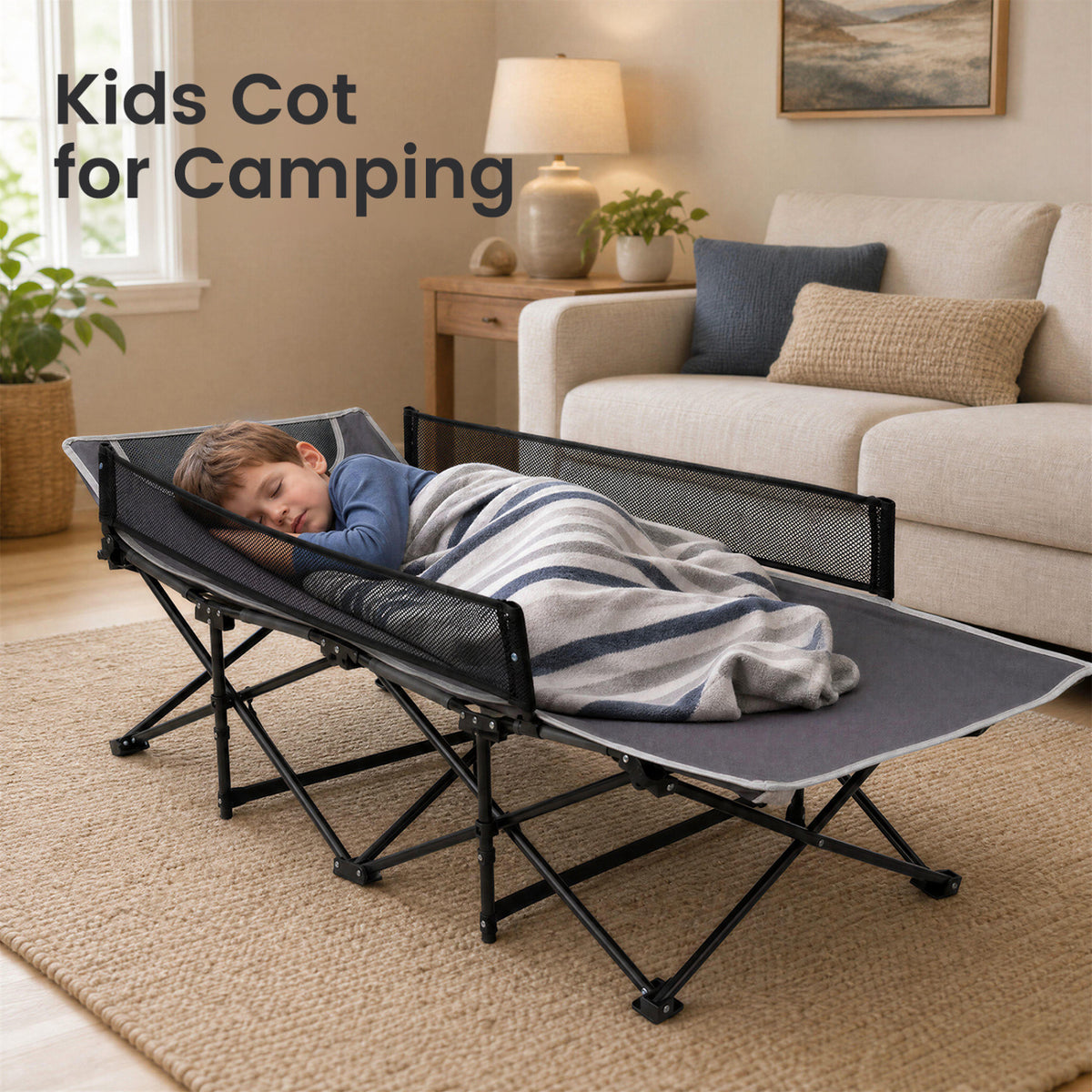 Portable Travel Toddler Cot Bed with Guardrail for Outdoor Indoor