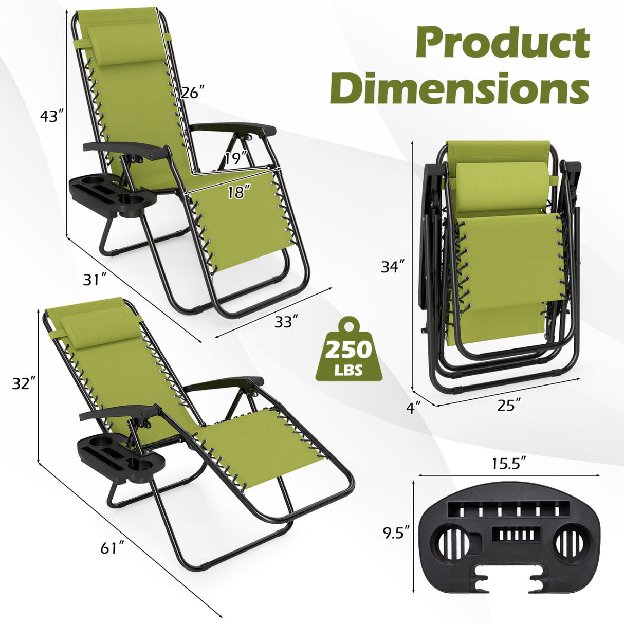 Portable Zero Gravity Chairs with Cup Holder Trays and Backrest