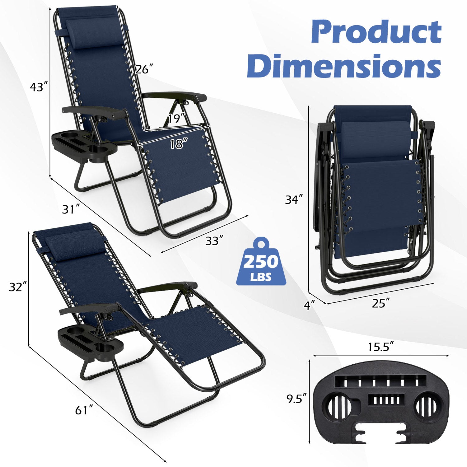 Portable Zero Gravity Chairs with Cup Holder Trays and Backrest