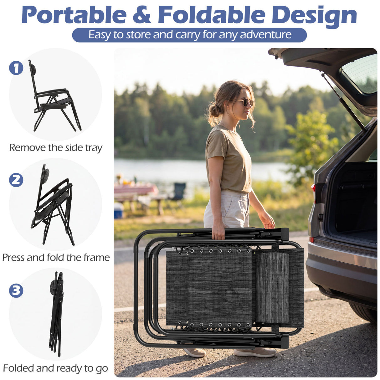 Portable Zero Gravity Chairs with Cup Holder Trays and Backrest