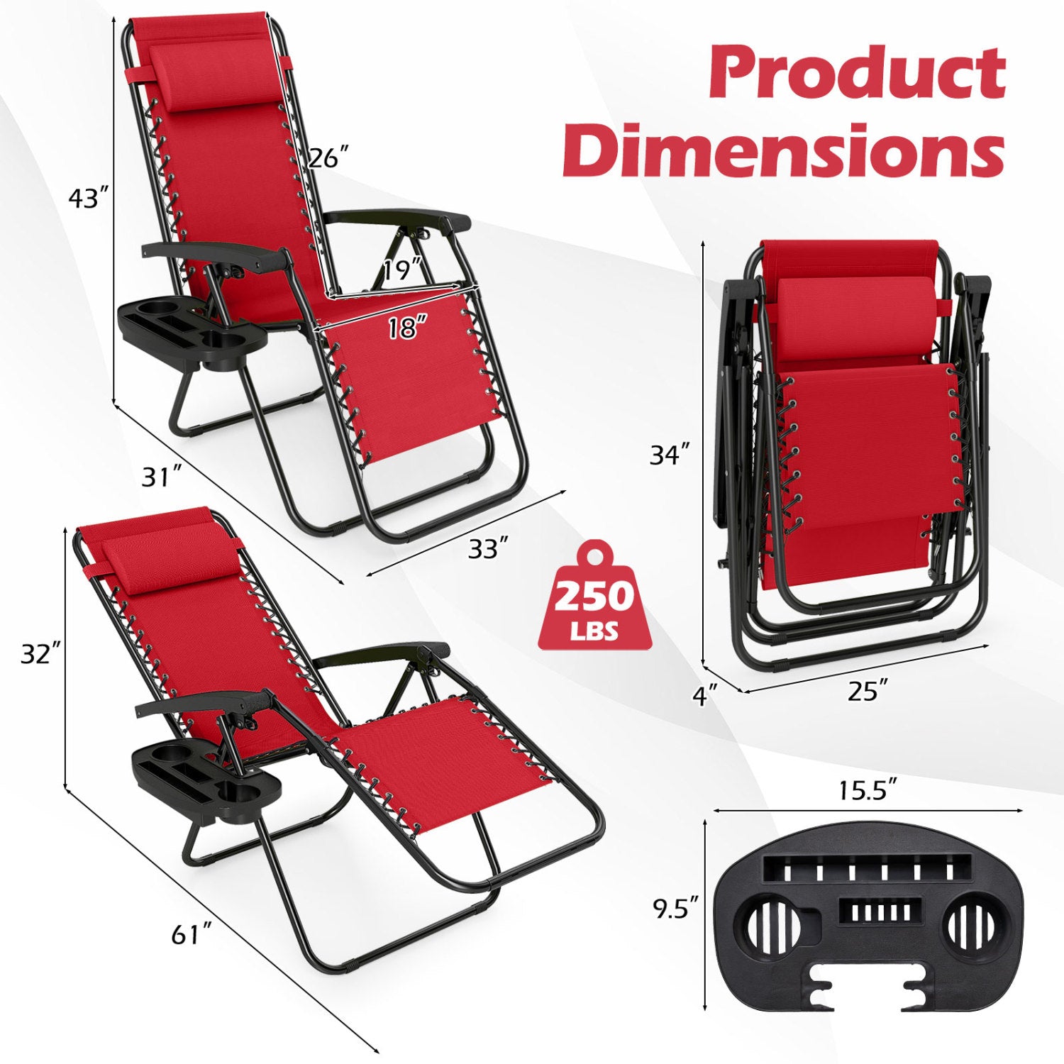 Portable Zero Gravity Chairs with Cup Holder Trays and Backrest Set of 2