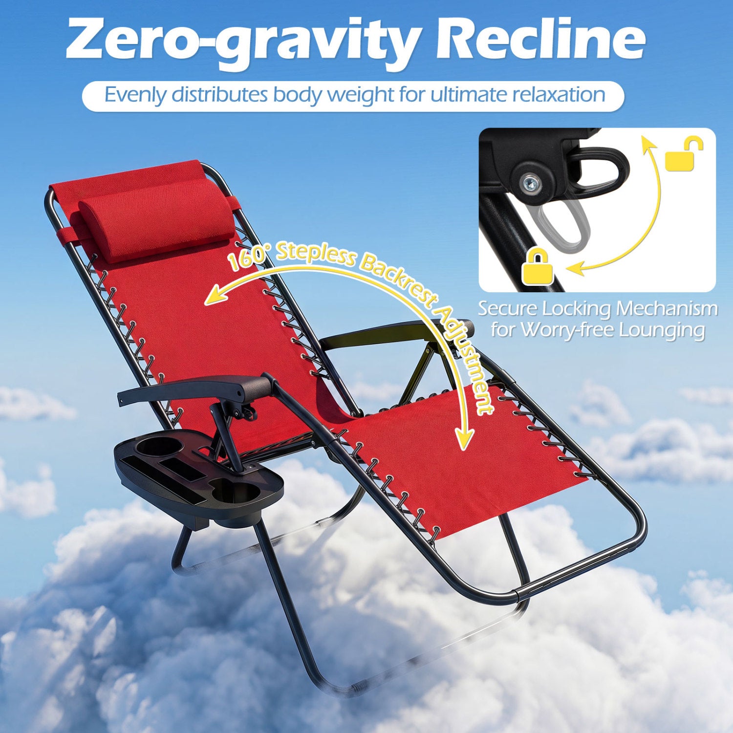 Portable Zero Gravity Chairs with Cup Holder Trays and Backrest Set of 2