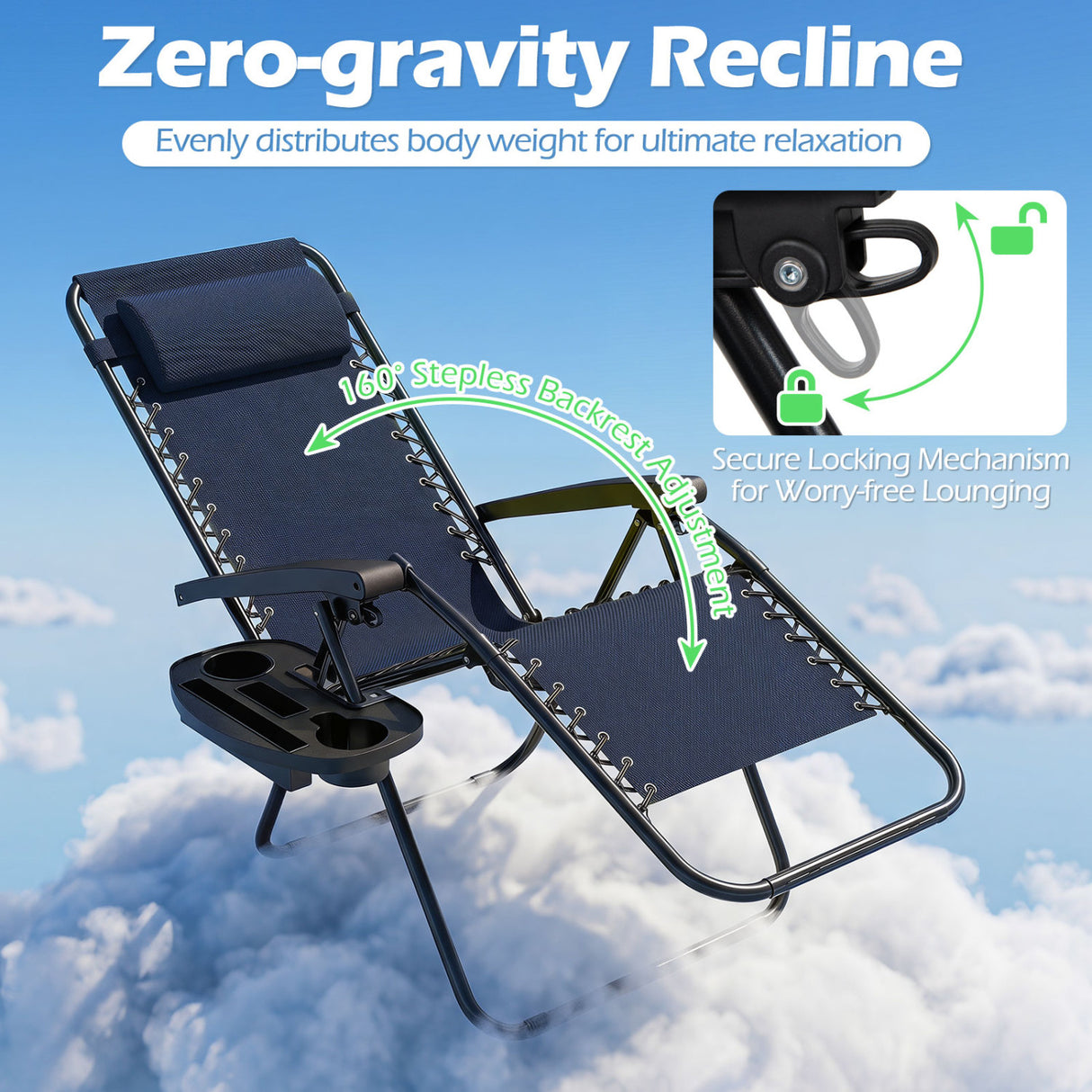 Portable Zero Gravity Chairs with Cup Holder Trays and Backrest Set of 2