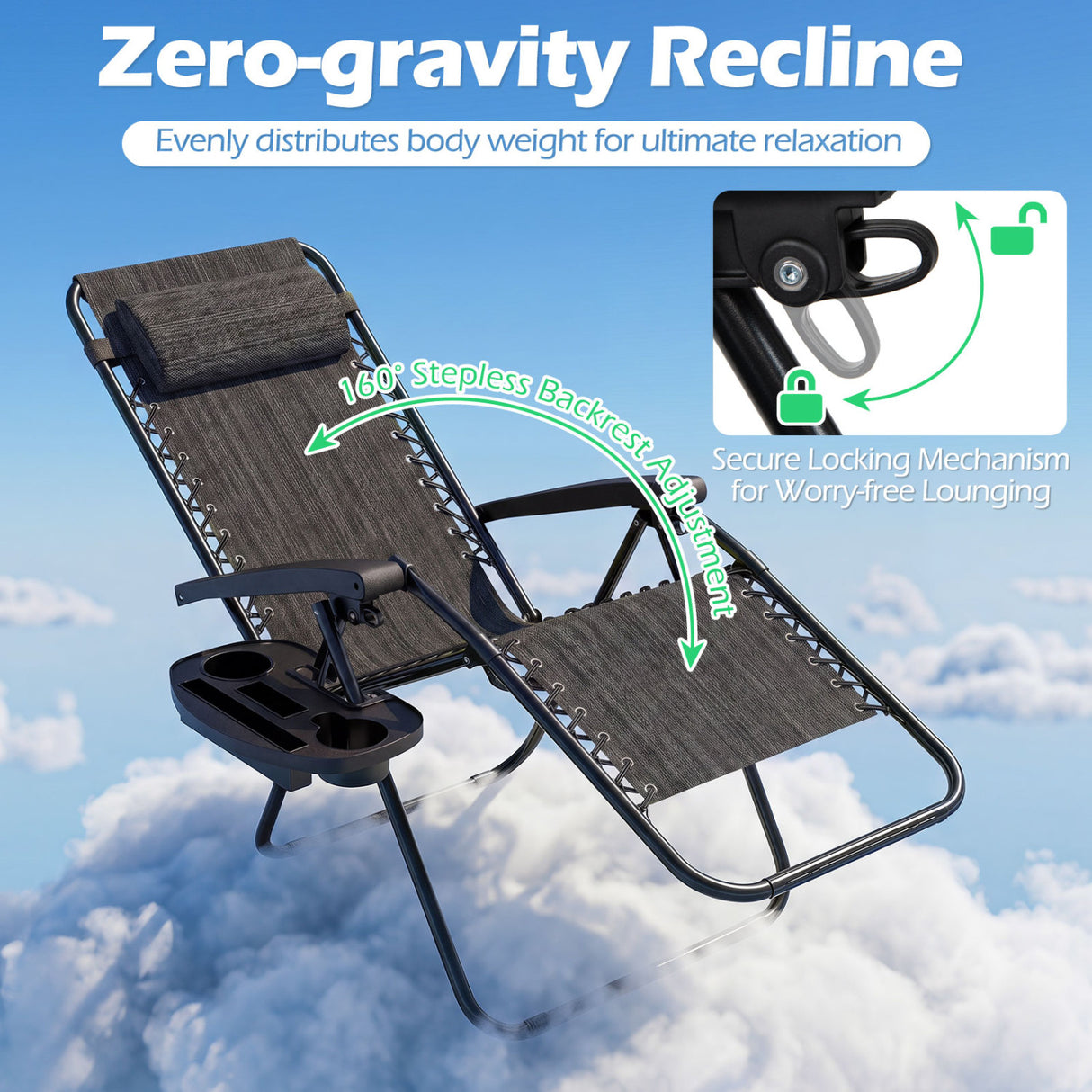 Portable Zero Gravity Chairs with Cup Holder Trays and Backrest Set of 2