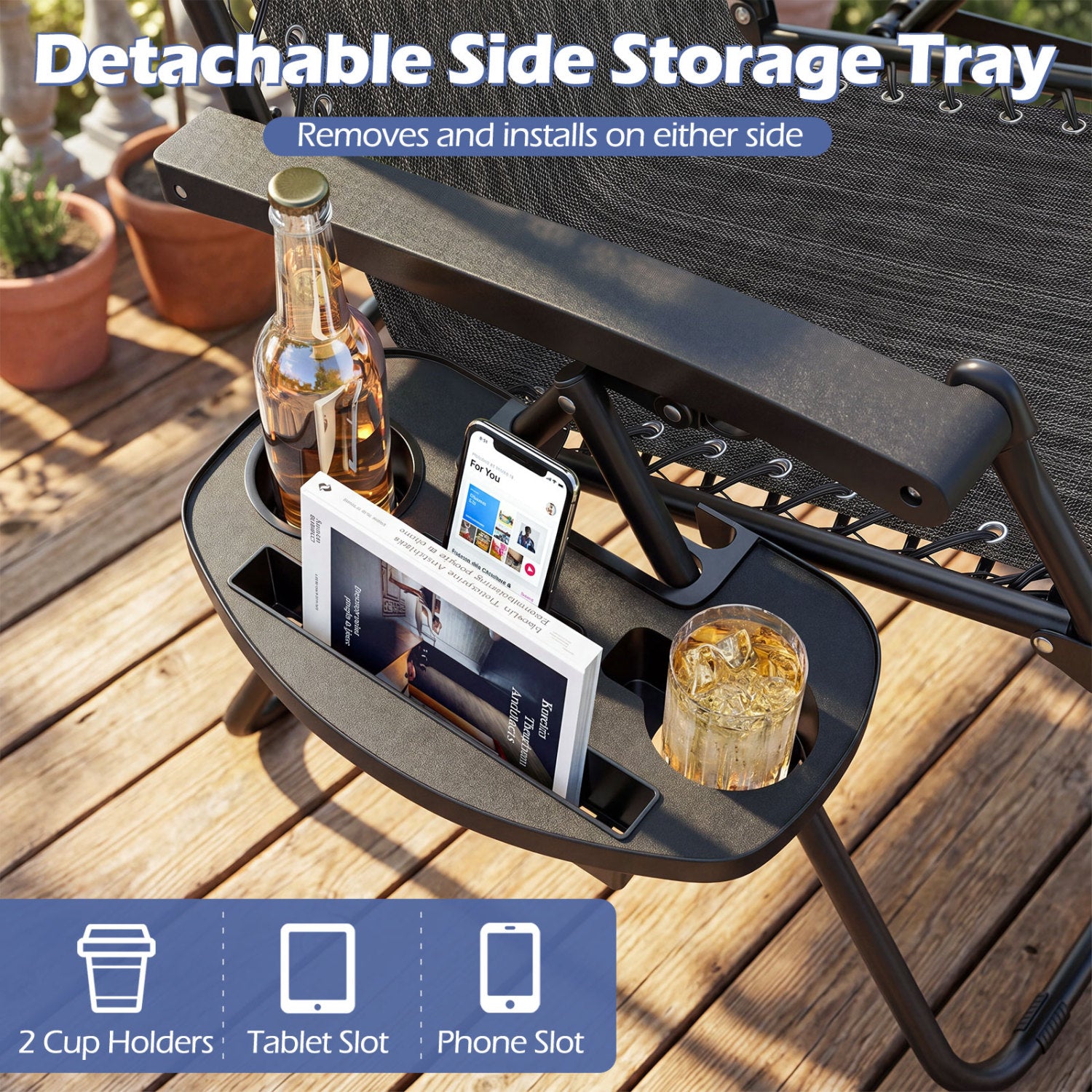 Portable Zero Gravity Chairs with Cup Holder Trays and Backrest Set of 2