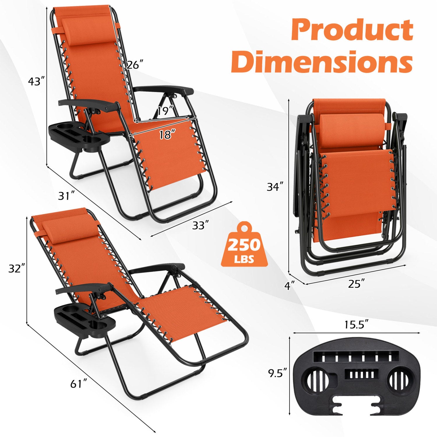 Portable Zero Gravity Chairs with Cup Holder Trays and Backrest Set of 2