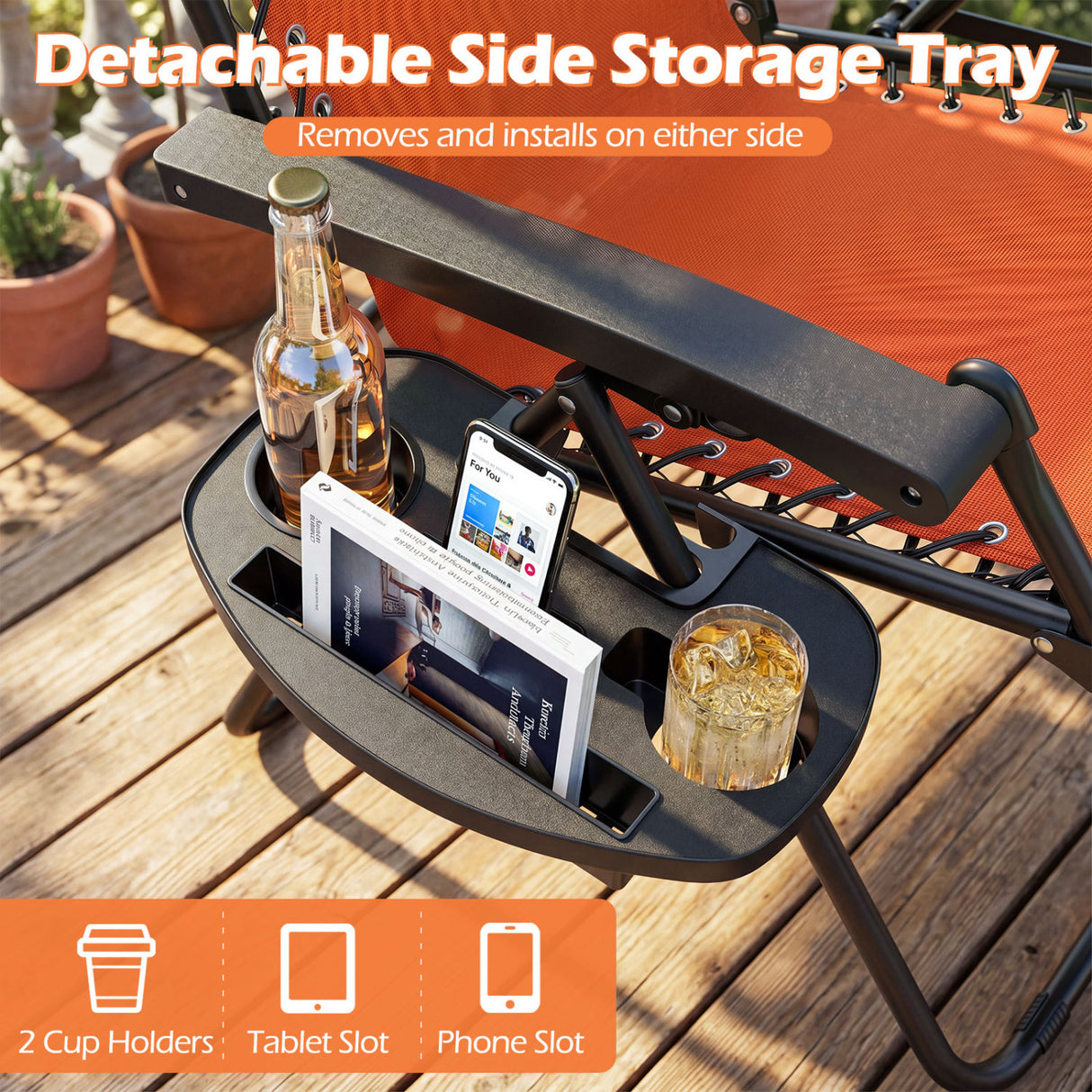 Portable Zero Gravity Chairs with Cup Holder Trays and Backrest Set of 2