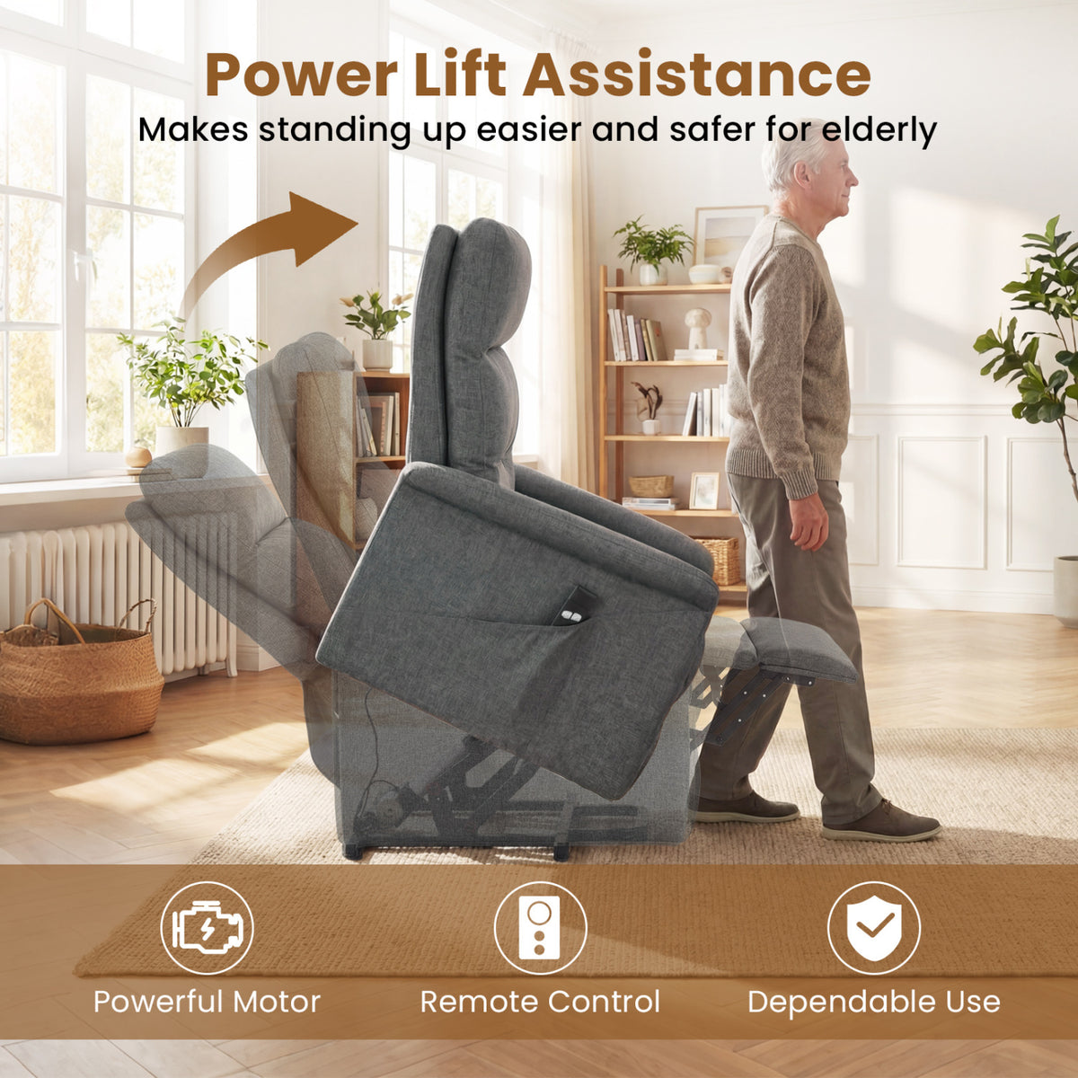 Power Lift Recliner Chair for Elderly with Remote Control and Side Storage Pocket-Gray