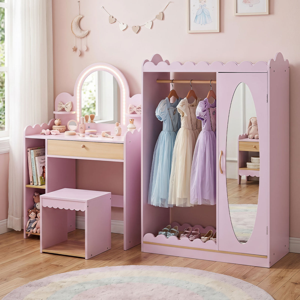 Pretend Makeup Dressing Table Set with 2 Small Shelves and Compartments-Pink