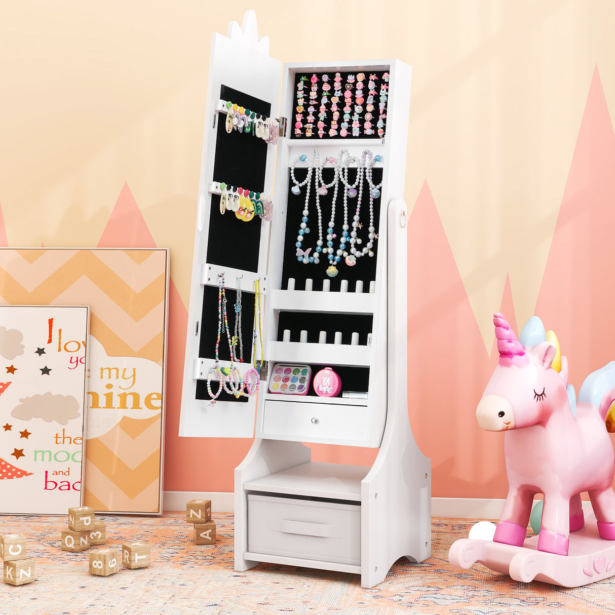 Kids Princess Vanity Table and Stool Set with Jewelry Cabinet and Mirror Drawer