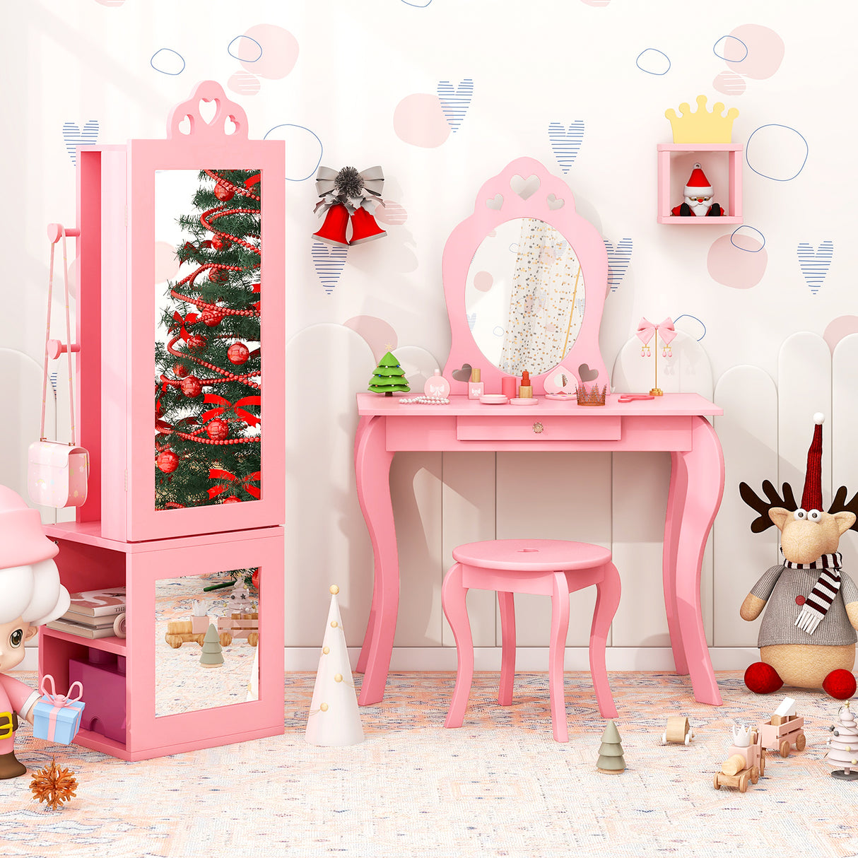 Princess Vanity Table and Stool Set Freestanding Jewelry Cabinet Armoire with Full-Length Mirror