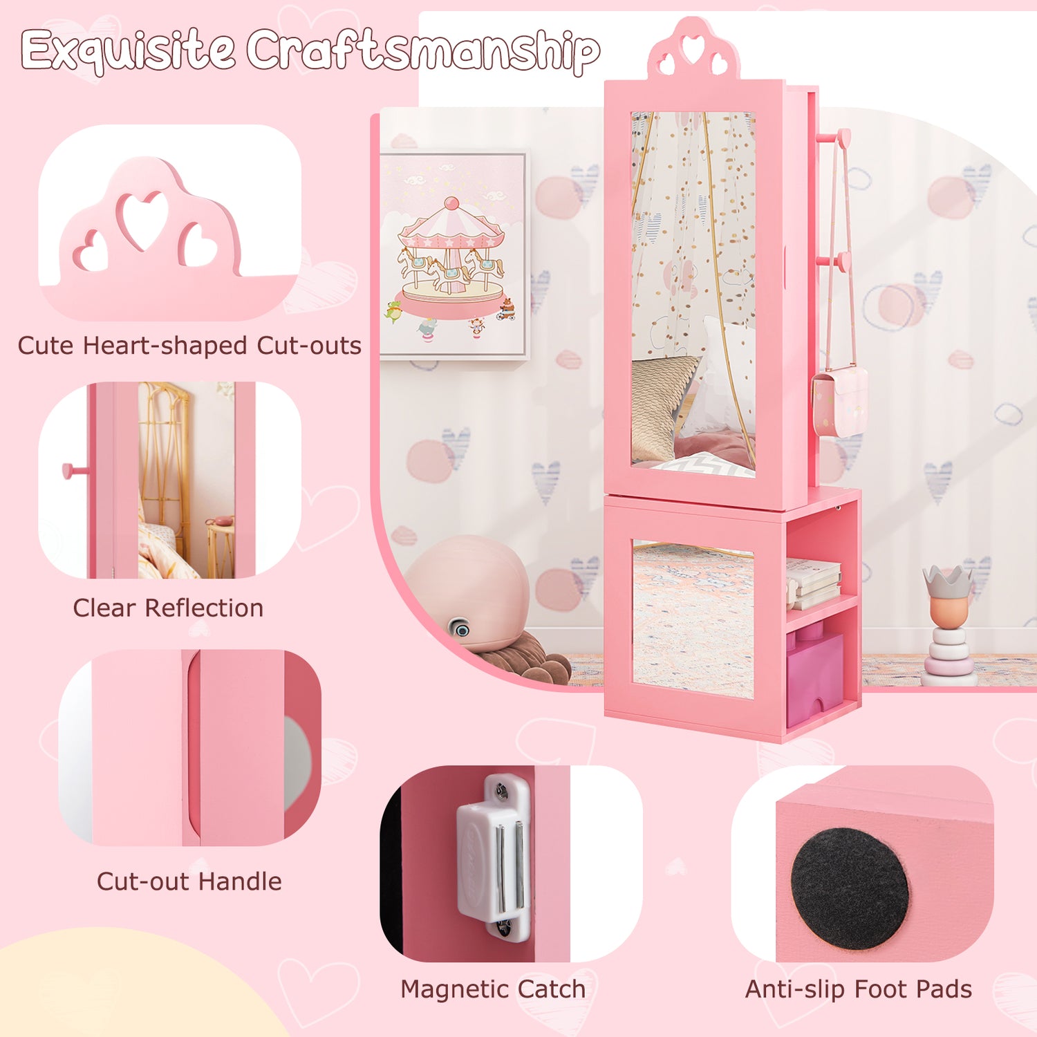 Princess Vanity Table and Stool Set Freestanding Jewelry Cabinet Armoire with Full-Length Mirror