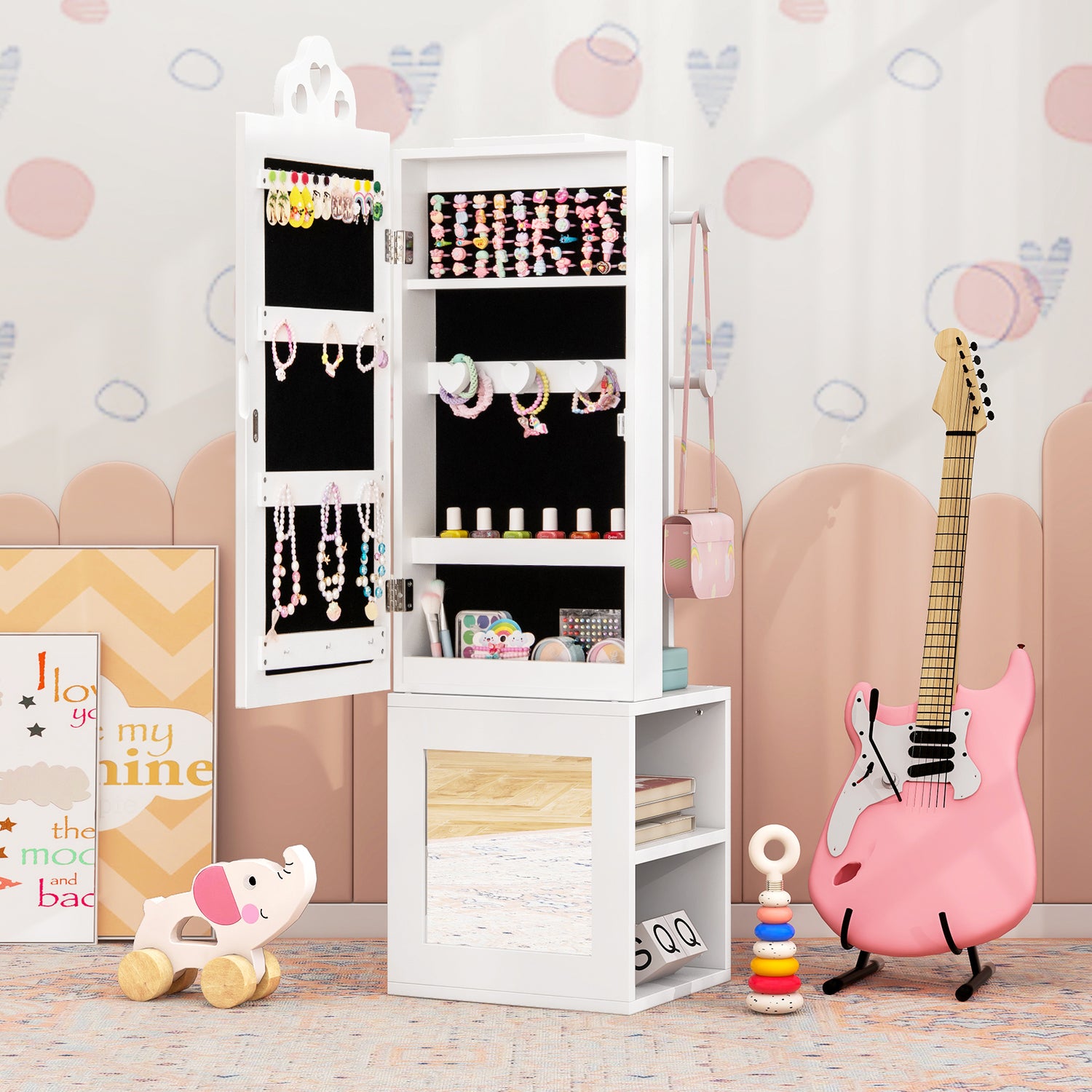 Princess Vanity Table and Stool Set Freestanding Jewelry Cabinet Armoire with Full-Length Mirror